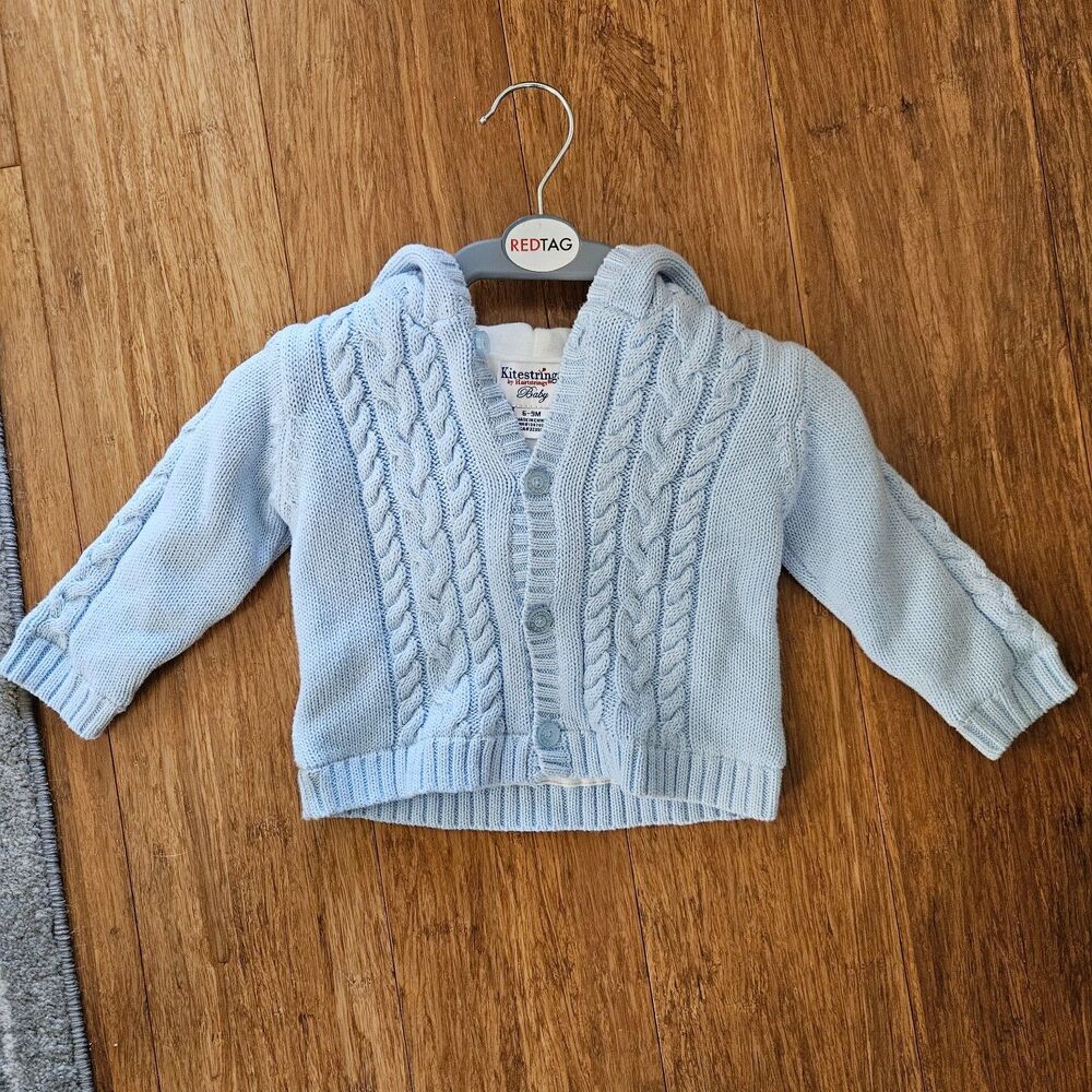 KITESTRINGS 6-9M Light Blue Knitted Button Sweater Bear Hood 100% Cotton NWT